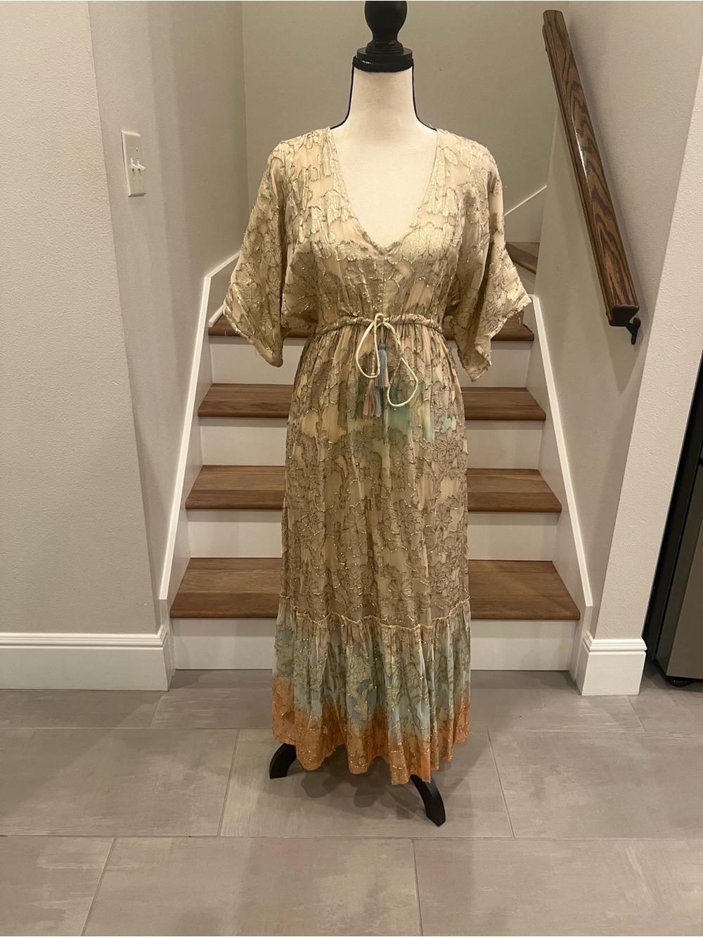 New Women’s Beige Floral Tiered Maxi Dress with Drawstring Waist